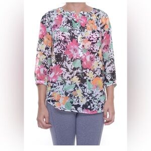 Ralph Lauren Multi color floral sheer  Top Blouse 3/4 Sleeve Size L #1720